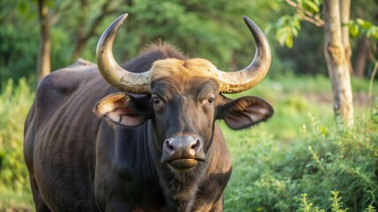 Naklejka premium Majestic Indian Bull Gaur Close-Up of a Zebu with a Calm Expression in Natural Forest Setting