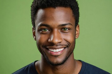 Obraz premium Full framed very close face portrait of a smiling young black man with green eyes looking at the camera, studio shot,green background.