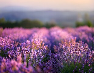 Lavender flowers - Sunset over a summer purple lavender field . Bunch of scented flowers in the lavanda fields of the French Provence near