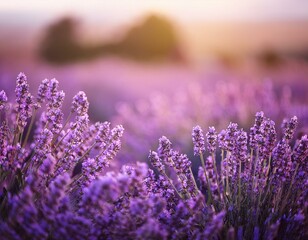 Lavender flowers - Sunset over a summer purple lavender field . Bunch of scented flowers in the...