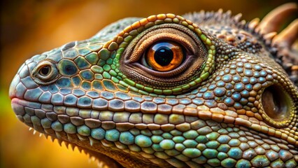 Fototapeta premium Close-up image of a lizard's scaly face, displaying intricate patterns and a keen gaze.