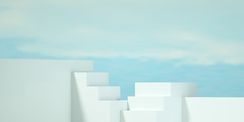 Fototapeta premium White stairs on blue sky. Mockup, template, stone podium display in sky background. Scene for product display. Realistic podium Illustration.