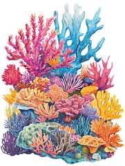 Vibrant coral reef illustration, white isolate background