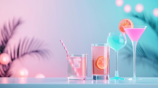 Stylish neon-lit barware and drink glasses arranged on a bar counter, featuring vibrant colors and modern design elements ideal for nightlife themes.
