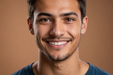Obraz premium Full framed very close face portrait of a smiling young latin man with hazel eyes looking at the camera, studio shot,hazel background.