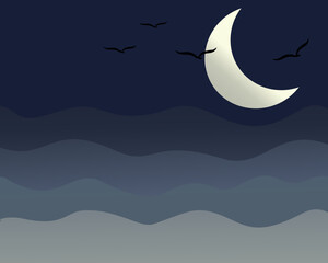 Minimalist Night Sky Sea Wave Illustration with Crescent Moon and Birds for Tranquil Nature-Themed Art Prints