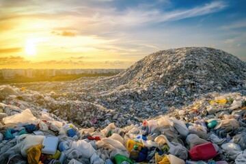 Massive Plastic Waste Landfill Under Clear Blue Sky