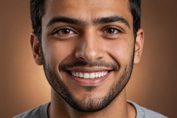 Fototapeta premium Full framed very close face portrait of a smiling young arabic man with brown eyes looking at the camera, studio shot,brown background.