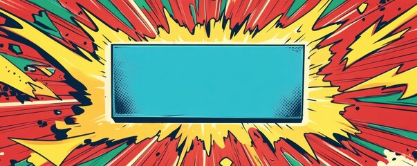 Dynamic comic book style explosion with a blank blue rectangle centerpiece for text or design
