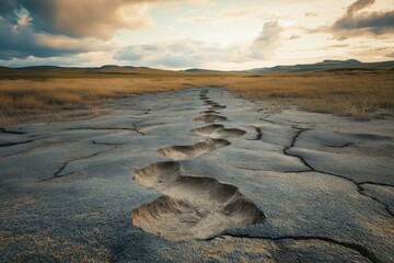 Dried Cracked Earth in a Field at Sunset