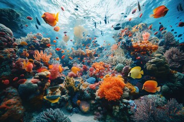 Fototapeta premium Vibrant Coral Reef Ecosystem with Colorful Tropical Fish