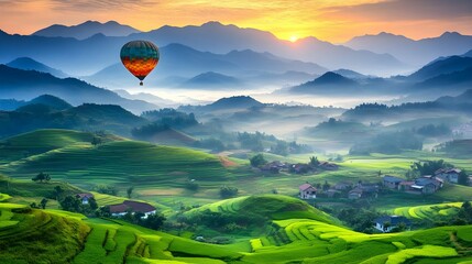 Fototapeta premium A breathtaking view of a hot air balloon soaring over lush green hills during a vibrant sunrise in the mountains.