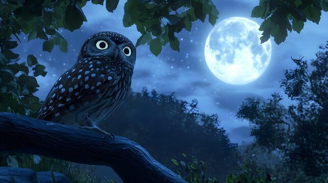A charming owl perched on a branch under a glowing full moon, surrounded by lush foliage, creating a serene nighttime scene.