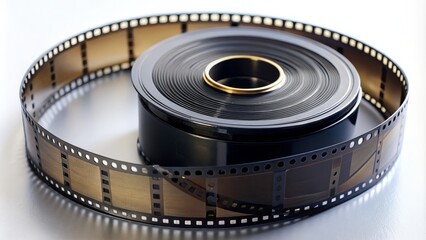 Obraz premium Closeup of a spiral film roll with black film wound onto a central spool