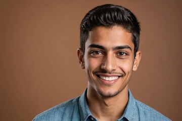 Obraz premium Full framed very close face portrait of a smiling young arabic non binary with brown eyes looking at the camera, studio shot,brown background.