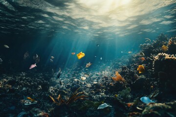 Fototapeta na wymiar Polluted Coral Reef with Marine Life and Floating Plastic Waste