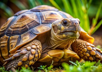 Fototapeta premium Close-up of a tortoise with a detailed shell in a natural habitat