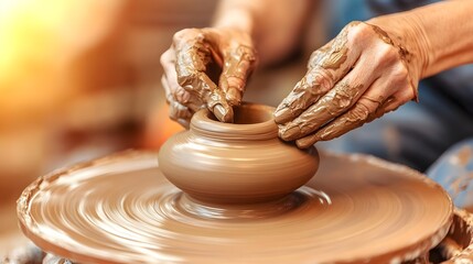 A close-up of hands shaping clay on a pottery wheel, capturing the artistry and skill of traditional pottery making.