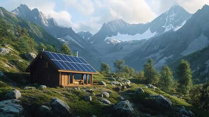 Obraz premium A serene mountain cabin surrounded by lush greenery and towering peaks, showcasing a blend of nature and modern architecture.