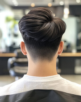 a photograph of the back view of an Asian man with dark hair, in a bowl-cut hairstyle, in a hairdressing salon