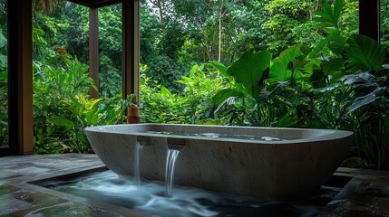 Natural stone bath with flowing water and lush greenery outside, Self-care, Serenity