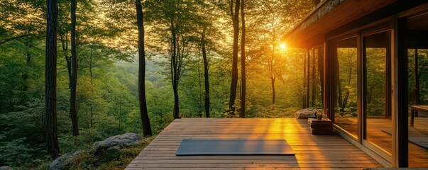 Naklejka premium Serene forest cabin with a yoga mat on the deck at sunrise, Wellness retreat, Nature
