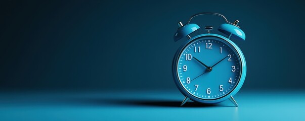 Blue alarm clock against a solid blue background symbolizing time management and punctuality