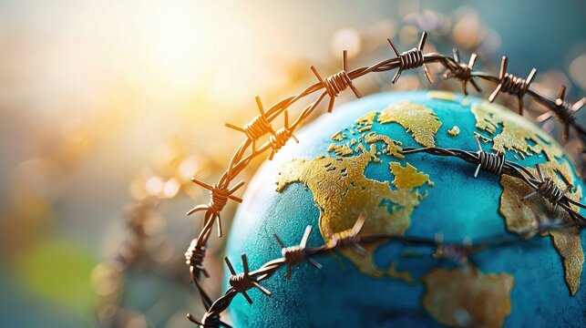 A globe encircled by barbed wire, representing the concept of restricted international trade and global economic isolation due to trade restrictions and barriers between nations.
