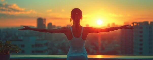 Fototapeta premium Woman stretching with sunrise in the background, Morning routine, Energy boost