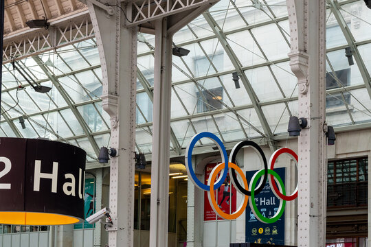 Olympic circles Inside Gare de Lyon train station interior in Paris, France