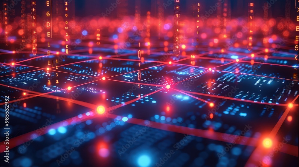 Poster a dynamic landscape of interconnected marketing metrics, glowing in vibrant neon colors in a dark, d