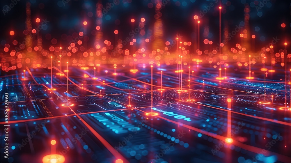Poster A dynamic landscape of interconnected marketing metrics, glowing in vibrant neon colors in a dark, digital environment. Generative AI.