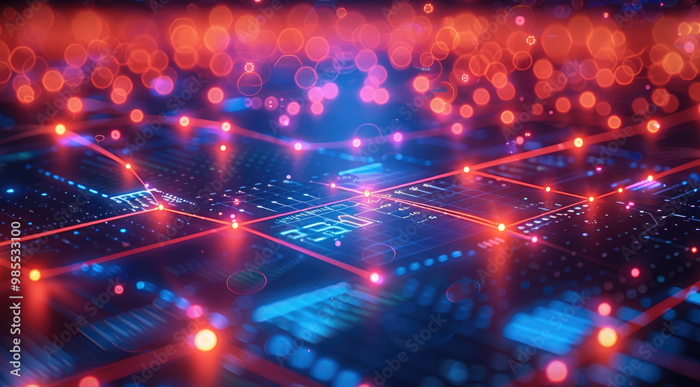 Aufkleber a dynamic landscape of interconnected marketing metrics, glowing in vibrant neon colors in a dark, d