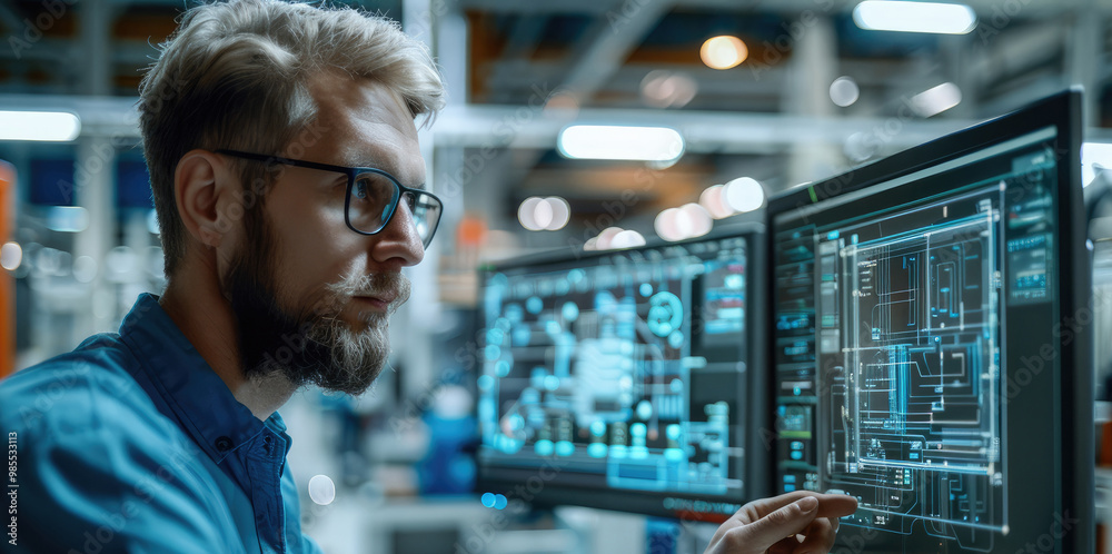 Fototapete in a modern factory, an engineer compares a motherboard with a digital twin 3d model on a computer. 