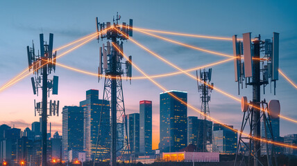Naklejka premium City skyline with telecommunications towers and data transmission paths at dusk, illustrating modern connectivity and digital communication.