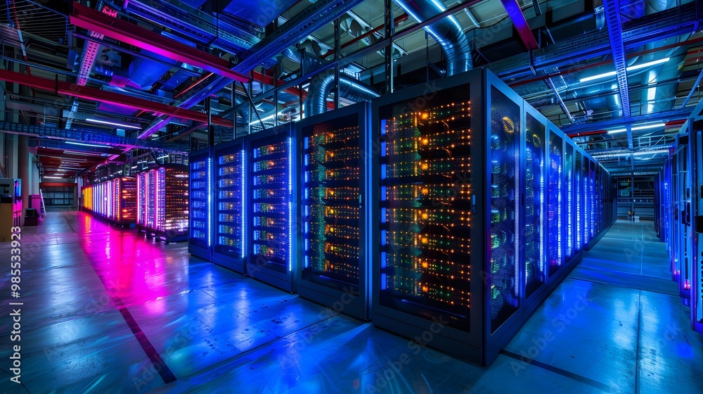 Poster a scalable system growing dynamically in size, with additional glowing servers or storage units seam