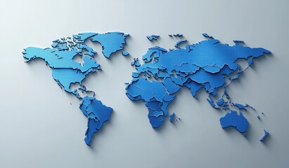 Blue world map on a gray background highlighting continents and countries for educational and geographic purposes
