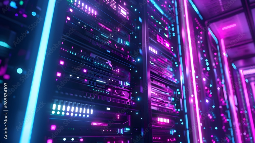 Poster a scalable system growing dynamically in size, with additional glowing servers or storage units seam