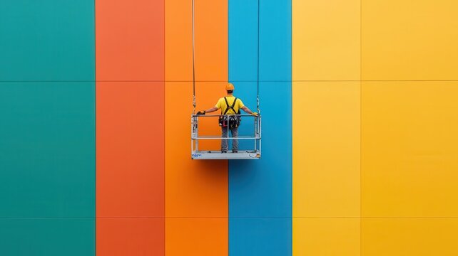Aerial view of workers painting the exterior of a high-rise building, using suspended platforms to reach tall surfaces High-rise painting, Building renovation