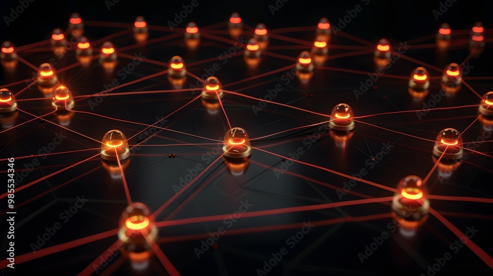 Poster a visual map of glowing nodes connected by lines, representing common design patterns like singleton