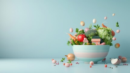 A whimsical illustration of a borscht bowl transformed into a miniature village scene.