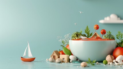 A whimsical illustration of a borscht bowl transformed into a miniature village scene.