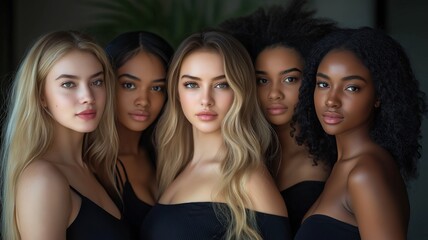 Obraz premium Women of various body types and ethnicities posing in a group to symbolize the strength and power of women. curvaceous and slender conception of the feminine body