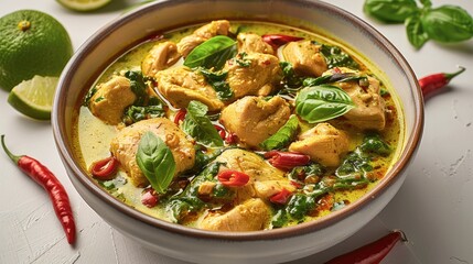 Green Chicken Curry served with lime on white background. Generative AI.
