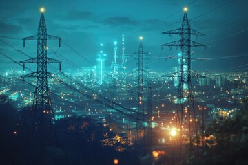 Electrical connection Energy infrastructure supply distribution of energy transmission high voltage supply plasma power High power electricity poles in urban area connected to smart grid