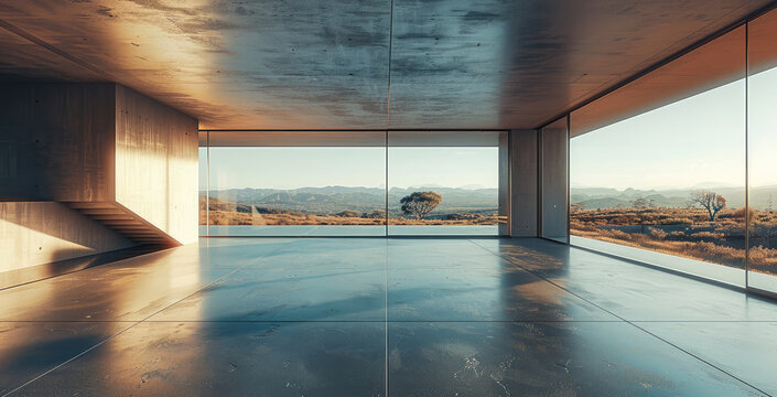 Big space room with concrete floor with some tiles on the floor but concrete, with a view into the outback scenery. Generative AI.