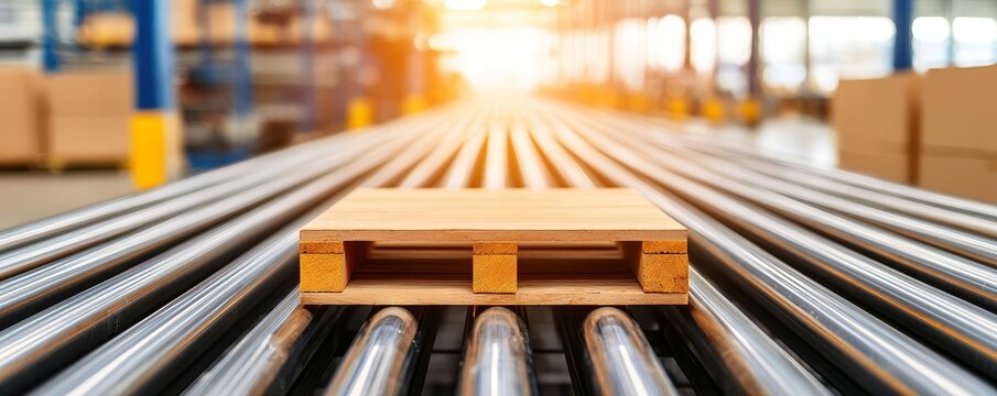Close-up of conveyor system in a factory, advanced machinery in action, well-organized layout, bright and clean environment, soft sunlight filtering in, natural scenery outside