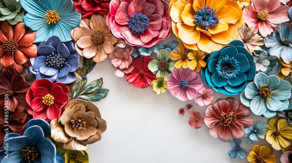Poster A colorful display of flower wall panels features an array of rich hues and detailed patterns, creating a lively and artistic decor element suitable for any setting