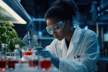 A food scientist working on product development and quality testing in a lab setting 