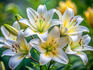 Obraz premium Close-up photograph of delicate white lillies with vibrant yellow stamens against a blurred green background.